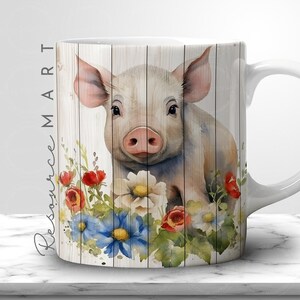 Baby Pig on Wood Mug Wrap Design, 11oz 12 oz & 15 ounce sublimation template, 11 oz 12oz + 15oz coffee cup press, farmhouse png, POD