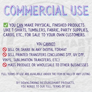 May include: A graphic with the text "COMMERCIAL USE" in a purple outlined font. The text explains the terms of use for physical products like t-shirts and cards. It also details what is not allowed, such as digital formats and wholesale.