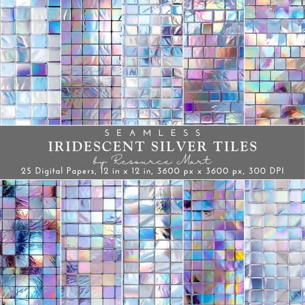 Iridescent Silver Tiles Digital Paper, printable scrapbook seamless pattern, metallic shiny wallpaper, background texture, print on demand