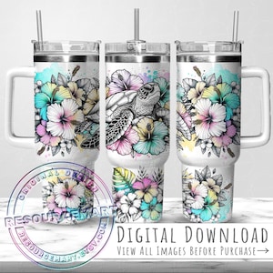 40oz Pastel Sea Turtle Tumbler Wrap Design, 40 ounce stanley quencher sublimation template, 40 oz summer line art tropic hibiscus waterslide