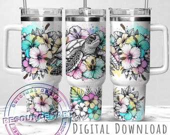 40oz Pastel Sea Turtle Tumbler Wrap Design, 40 ounce stanley quencher sublimation template, 40 oz summer line art tropic hibiscus waterslide