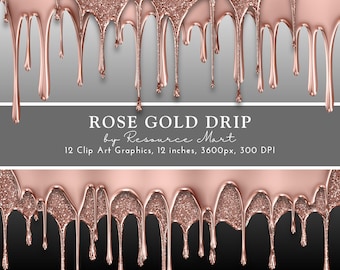 Rose Gold Drip Clip Art, metallic & glittery clip art, luxe glam borders, transparent, png, print on demand, commercial license included