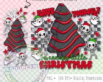 Creepy Little Christmas PNG, Funny Goth Christmas Tree Cake with Skeletons and Ghosts, Grunge Retro Checker Holiday Sublimation Design
