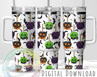 Halloween Candy Apples 40oz Tumbler Wrap Design, spooky haunted poison apples and bats sublimation 40 ounce stanley cup