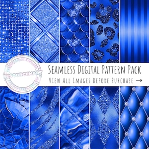 Luxury Glam Digital Paper, royal blue scrapbook journal pages, metallic seamless patterns, glitter mermaid invitation background textures