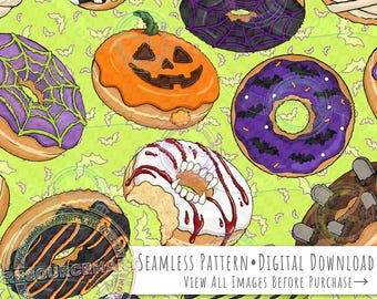 Halloween Donuts Seamless Pattern, spooky sweets on green background seamless file, jack o lantern mummy bats vampire & witch digital paper