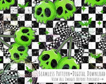 Skull Cherries Seamless Pattern, green Halloween Coquette Cherry Retro Checker Bow on grunge checkerboard seamless file digital paper