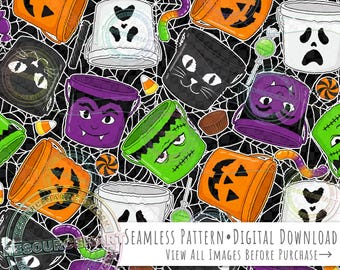 Halloween Trick or Treat Seamless Pattern, spooky horror retro candy pails buckets on black background seamless file digital paper