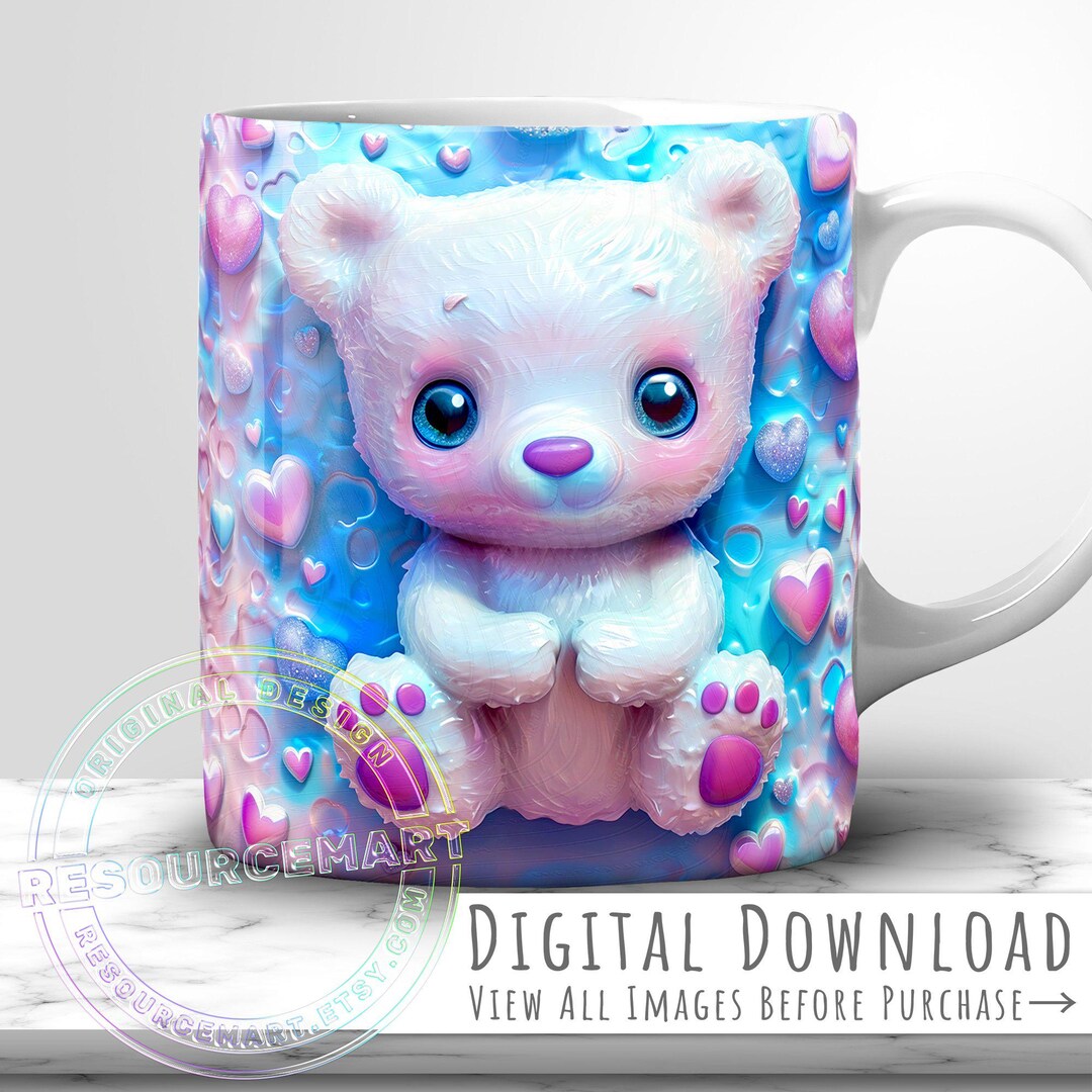 3D Valentine Teddy Bear Mug Wrap Design, 11oz 12 Oz & 15 Ounce ...