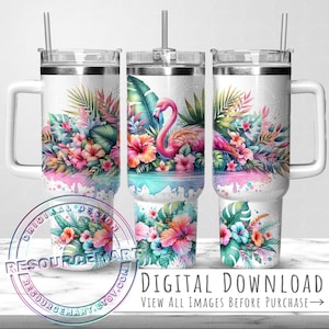Tropical Pink Flamingo 40oz Tumbler Wrap Design, 40 ounce stanley cup, stanley quencher sublimation press, 40 oz handle, colorful summer png