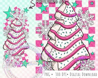 Christmas Tree Cake PNG Design, Holiday Shirt Graphic with Matching Sleeve for sublimation, pastel pink and mint green retro checker print
