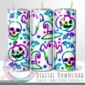 Neon Halloween 20oz Tumbler Wrap Design, neon skull pumpkins ghost witch hat bats sublimation cup press, 20 ounce colorful spooky season cup