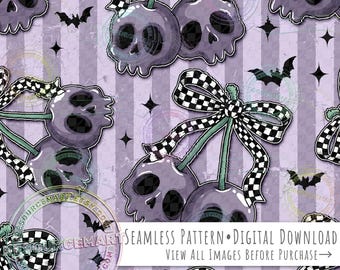 Skull Cherries Seamless Pattern, Charcoal Gray Halloween Coquette Cherry Retro Checker Bow on grunge stripes seamless file digital paper