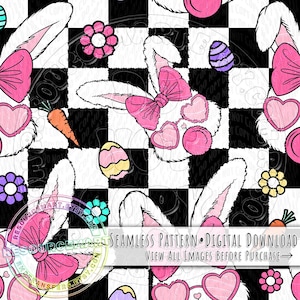 以下が含まれることがあります： 白ウサギ、ピンクのリボン、ハート、イースターエッグをあしらった、白黒の市松模様の背景のシームレスデジタルパターン。ニンジンと花が含まれています。「SEAMLESS PATTERN • DIGITAL DOWNLOAD VIEW ALL IMAGES BEFORE PURCHASE」と書かれています。