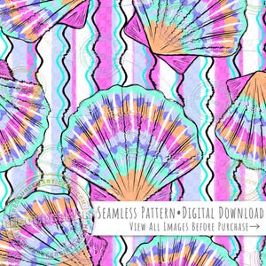 Pode incluir: Padrão digital sem costura com motivos de conchas estilizadas em tons de turquesa, rosa, laranja e roxo. O design inclui listras verticais e linhas pretas onduladas. O texto diz "SEAMLESS PATTERN • DIGITAL DOWNLOAD VIEW ALL IMAGES BEFORE PURCHASE →".