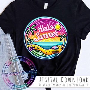 Hello Summer Neon Sign PNG Sublimation File, colorful t-shirt tee, diy beach tote bag, libbey glass can, tropical palm trees design element
