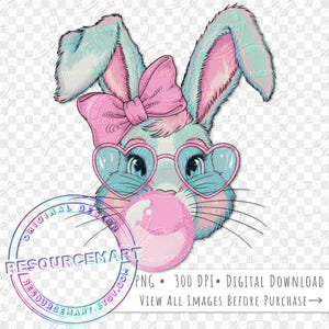 Pastel Easter Bunny PNG Sublimation File, coquette bubble gum t-shirt tee design, sparkly tote bag, glass can clip art, easter invite
