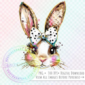 Easter Bunny PNG Sublimation File, painted gold glitter polka dot coquette bow, t-shirt tee design