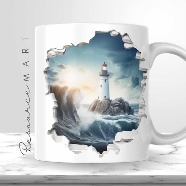 3D Lighthouse  Mug Wrap Design, 11oz 12 oz & 15 ounce hole in a wall illusion sublimation template, 11 oz 12oz + 15oz coffee cup press