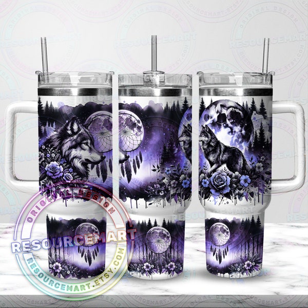Seamless 40oz Tumbler Wrap Design, 40 ounce stanley quencher handle cup sublimation press, 40 oz grey wolf lavender moon and dreamcatcher