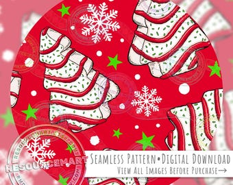 Christmas Tree Cake Seamless Pattern, Holiday sweets seamless file digital paper, red white and green retro nostalgic festive print
