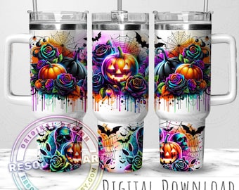 Design de embalagem de copo de 40 onças sem costura de Halloween, caveiras neon, abóboras, rosas, copo Stanley de 40 onças, sublimação PNG, copo com alça de temporada assustadora
