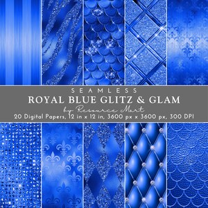 Luxe glamour digitaal papier, koningsblauwe dagboekpagina's plakboek, naadloze metalen patronen, glitter zeemeermin uitnodiging achtergrondtexturen