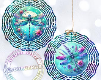 May include: Two round, layered ornaments with dragonfly designs. The ornaments feature a teal, blue, and purple color scheme with floral accents. Each ornament is suspended by a twine string, ready for hanging.