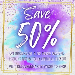 May include: A promotional graphic with a watercolor background of purple, blue, and white. The text "Save 50%" is prominently displayed in white, along with details about the discount and a website address.