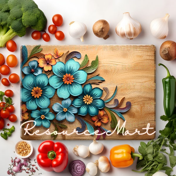 Engraved Flowers on Wood Glass Sublimation Cutting Board Design File, large template png, summer farmhouse kitchen decor, print on demand