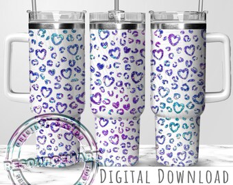 Diseño de envoltura para vaso de 40 oz con estampado de leopardo brillante, sublimación PNG de taza Stanley de 40 onzas con estampado de guepardo morado y azul, taza con corazones y estampado de leopardo