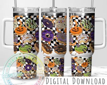 Halloween Donuts 40oz Tumbler Wrap Design, retro checker background, jack o lantern mummy bats & witch 40 ounce stanley cup sublimation png