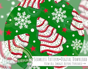 Christmas Tree Cake Seamless Pattern, Holiday sweets seamless file digital paper, red white and green retro nostalgic festive print