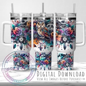 Seamless 40oz Tumbler Wrap Design, colorful boho owl sublimation 40 ounce stanley quencher handle cup, 40 oz floral celestial dreamcatcher