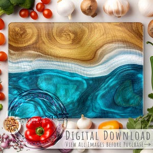 Diseño de tabla de cortar de vidrio por sublimación en azul océano y madera, plantilla PNG grande, resina epoxi verde azulado y veta de madera, archivo de descarga para impresión a pedido
