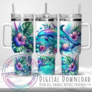 Tropical Dolphin 40oz Tumbler Wrap Design, 40 ounce stanley cup, stanley quencher sublimation press 40 oz handle colorful turquoise summer