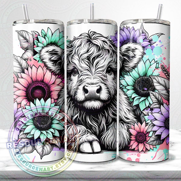 Baby Highland Cow Tumbler Wrap Design, 20oz skinny straight & tapered sublimation template press, 20 ounce line art summer sunflower cup png