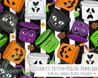 Halloween Trick or Treat Seamless Pattern, spooky horror retro candy pails buckets on stripes print background seamless file digital paper