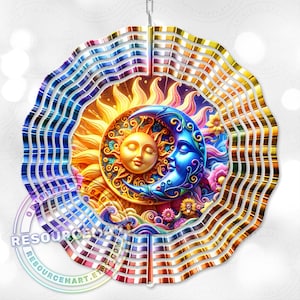 3d Celestial Wind Spinner Sublimation Design, digital download, 10 inch png, sun & moon colorful astrology outdoor garden yard decor