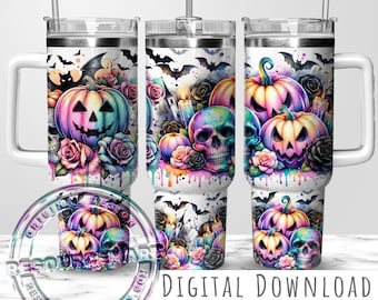 Design de embalagem de copo de 40 onças sem costura de Halloween, caveiras em tons pastel, abóboras, rosas, copo Stanley de 40 onças, sublimação PNG, copo com alça de temporada assustadora