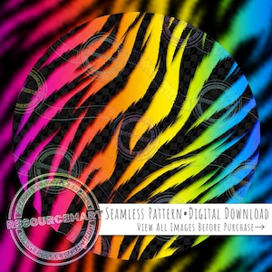May include: A circular digital graphic featuring a vibrant rainbow-coloured tiger stripe pattern with a transparent checkerboard background. The image includes a circular watermark and text that reads Seamless Pattern Digital Download.