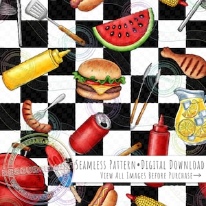 May include: Seamless digital pattern featuring barbecue-themed illustrations. Includes a hamburger, watermelon slice, hot dog, corn on the cob, and a red soda can. The background is a black and white checkered pattern. Text: SEAMLESS PATTERN • DIGITAL DOWNLOAD VIEW ALL IMAGES BEFORE PURCHASE →