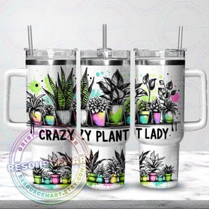 40oz Crazy Plant Lady Tumbler Wrap Design, 40 ounce oz summer stanley sublimation cup, neon watercolor line art houseplant plant mom png
