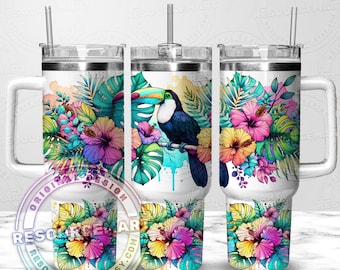 Tumbler da 40 once con design a tucano tropicale, tazza Stanley da 40 once, pressa a sublimazione Stanley Quencher con manico da 40 once, estate hawaiana colorata png
