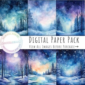 Aquarell Wald Winter, Papier mit Schneeflocken, Weihnachten Hintergrund, weihnachtliche Tapete, Junk Journal Seiten, Print on Demand