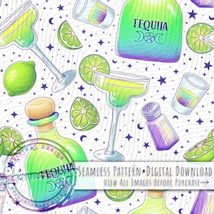 Nahtloses Muster „Mitternachts-Margaritas“, Sublimationsdesign „Zauberhafte Schwestern“, digitaler Halloween-Download, farbenfroher, pastellfarbener Hexenstoffdruck