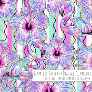May include: A seamless pattern with colourful flamingos and hibiscus flowers in pink, purple, and teal. The design includes wavy stripes and the text "SEAMLESS PATTERN • DIGITAL DOWNLOAD".