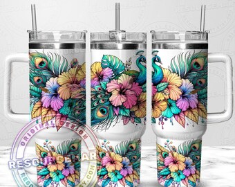 Bicchiere da 40 once con motivo a pavone tropicale, pressa a sublimazione Stanley Cup da 40 once, manico da 40 once, estate hawaiana colorata png