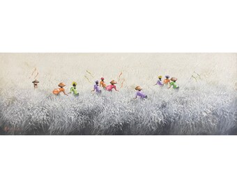 Balinese Oil Painting - Women Farmers in White Rice Field, Bali Painting, Original Artwork