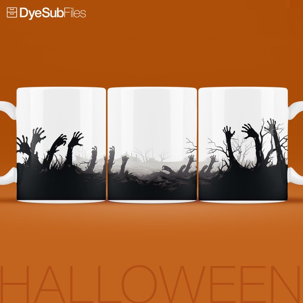 Downloadable Dye Sublimation Transparent PNG JPG PSD files for Halloween Coffee Mug Wrap Design. Zombie Arms Emerge from Cemetery